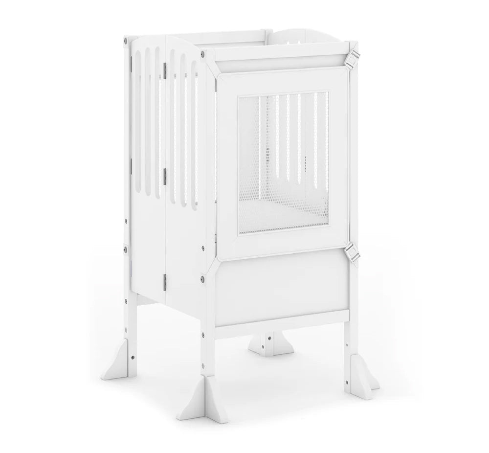 Modern white baby crib with mesh side panel and angled legs, featuring a sleek, contemporary design on a plain white background.