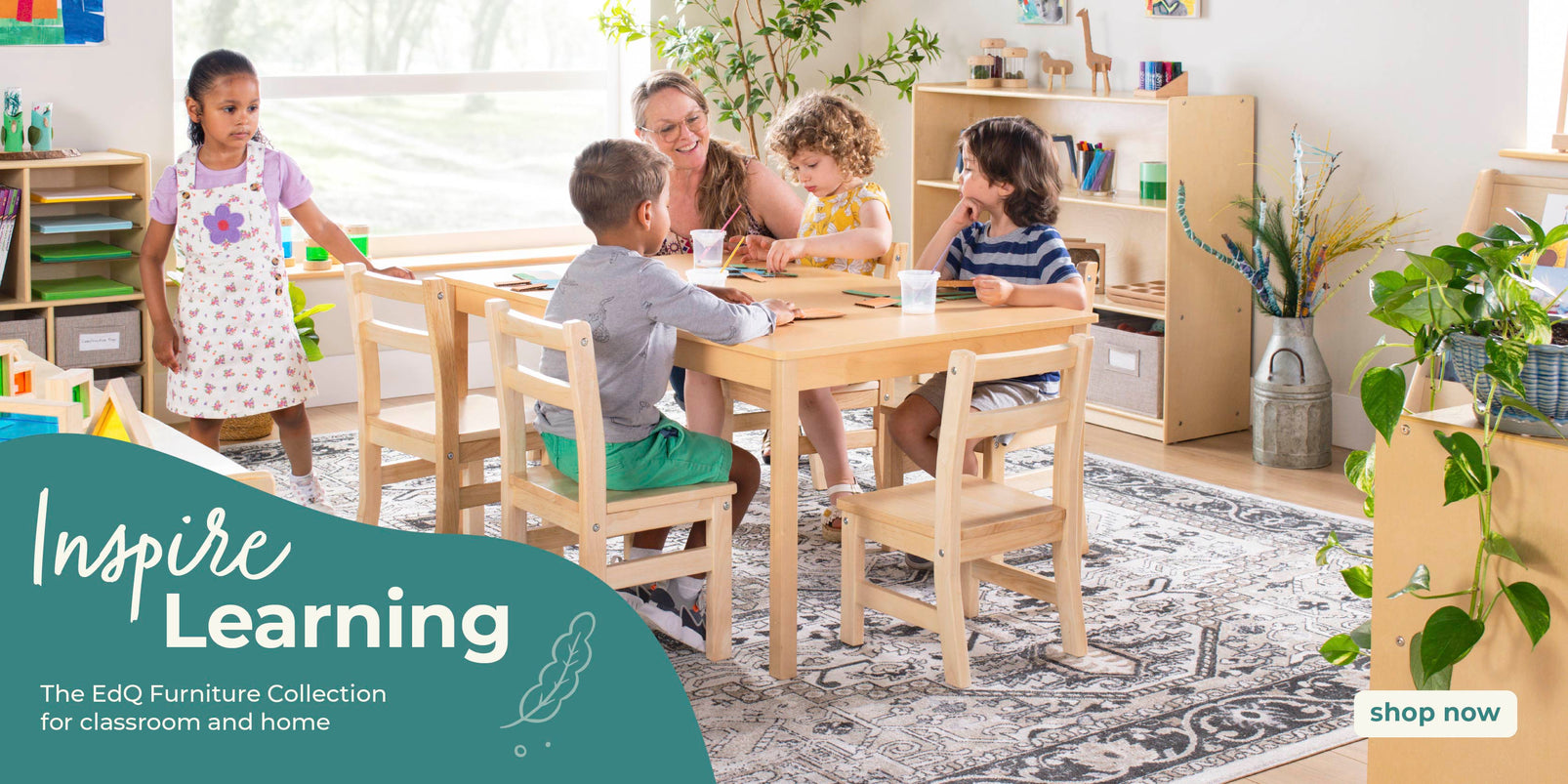 Children and adults in a classroom setting with educational furniture, promoting The EdQ Furniture Collection, Inspire Learning. Click to shop the collection.