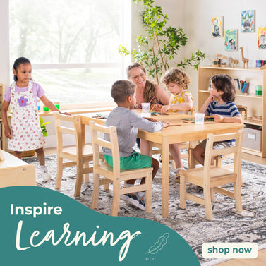 Children and adults in a classroom setting with educational furniture, promoting The EdQ Furniture Collection, Inspire Learning. Click to shop the collection.