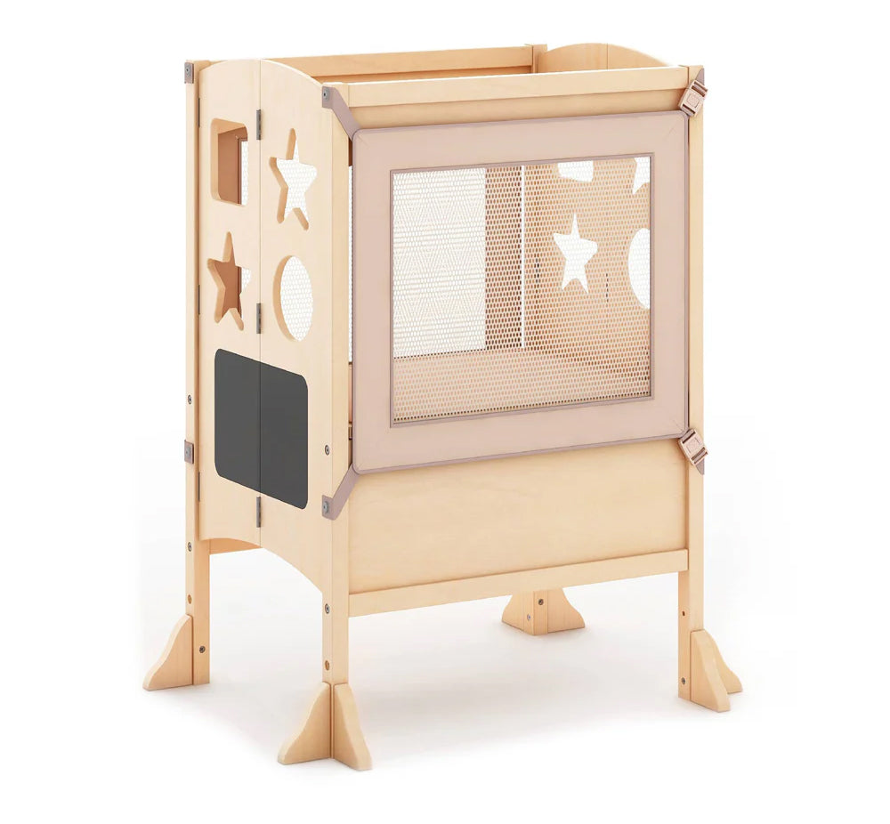 Light wood baby crib with cut-out shapes and breathable mesh sides featuring charming star designs.