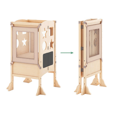 Wooden sensory activity partition with cut-out shapes, designed for interactive play and shown both set up and folded flat for convenient storage.