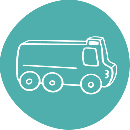 White outline of a six-wheel truck on a teal circular background, perfect for transport or delivery themes.