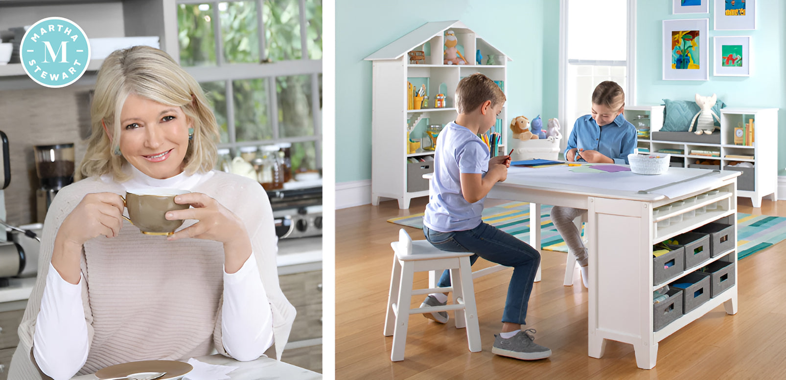 Martha Stewart smiles with a mug while two kids draw at a white table in a bright, cheerful playroom.
