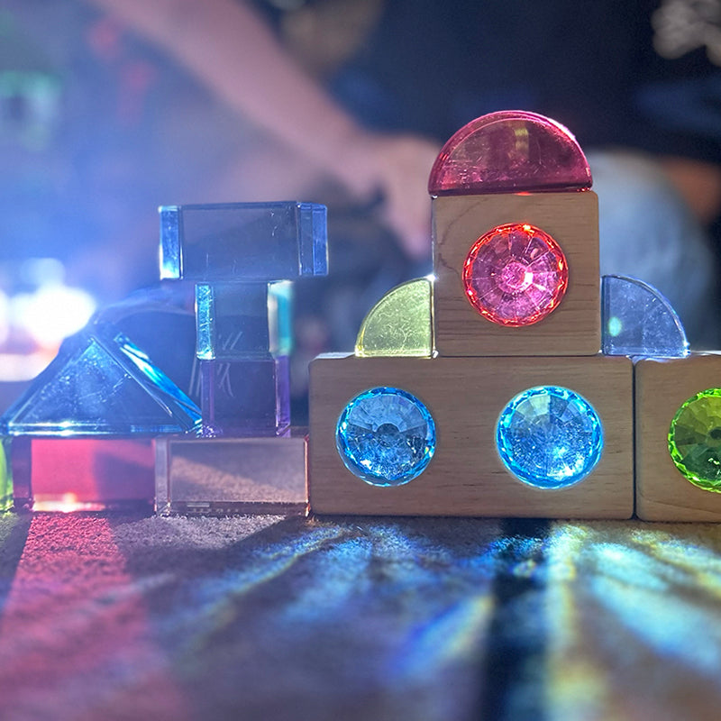 Jewel building blocks with light streaming through