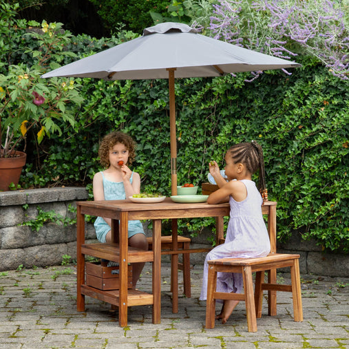 Martha Stewart Kids Outdoor Craft Table, 2 Benches & Umbrella Set: Acacia Wood Activity Desk w/ Storage, Kids Play Table & Bench for Backyard, Garden