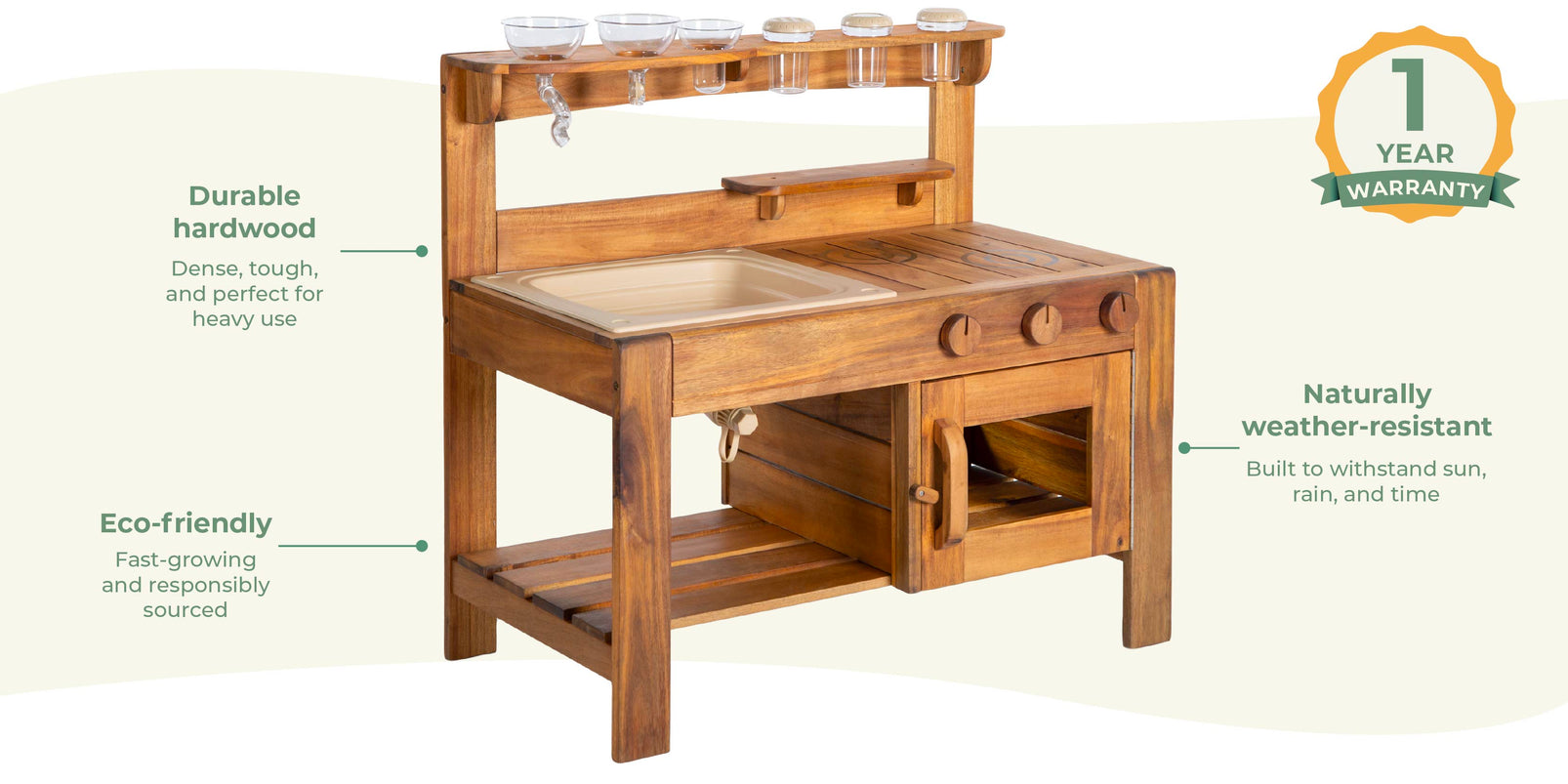 Wooden play kitchen set with sink and storage shelves on a white background, featuring durability and eco-friendly attributes. Click to shop the collection.