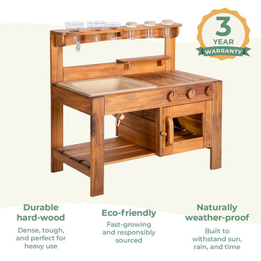 Wooden play kitchen set with sink and shelves on a light beige background, featuring a 3-year warranty badge. Click to shop the collection.
