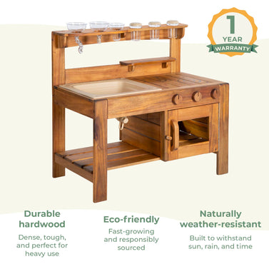 Wooden play kitchen set with sink and storage shelves on a white background, featuring durability and eco-friendly attributes. Click to shop the collection.