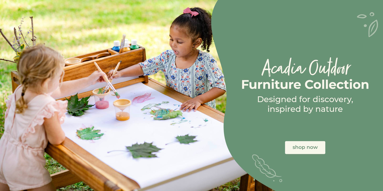 Two children painting with outdoor items at an art table, with text about the Acadia Outdoor Collection. shop now button-click to shop the collection.