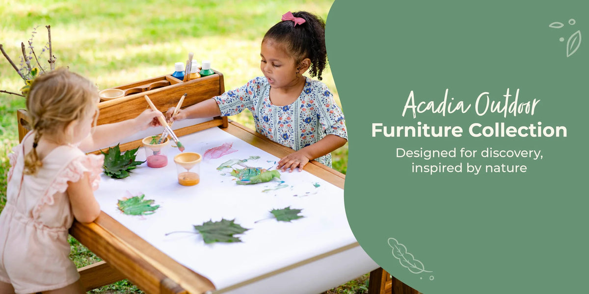 Two children painting with outdoor items at an art table, with text about the Acadia Outdoor Collection. shop now button-click to shop the collection.