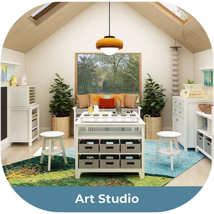 Warm and inviting modern art studio for children with white furniture, plants, and a large window.
