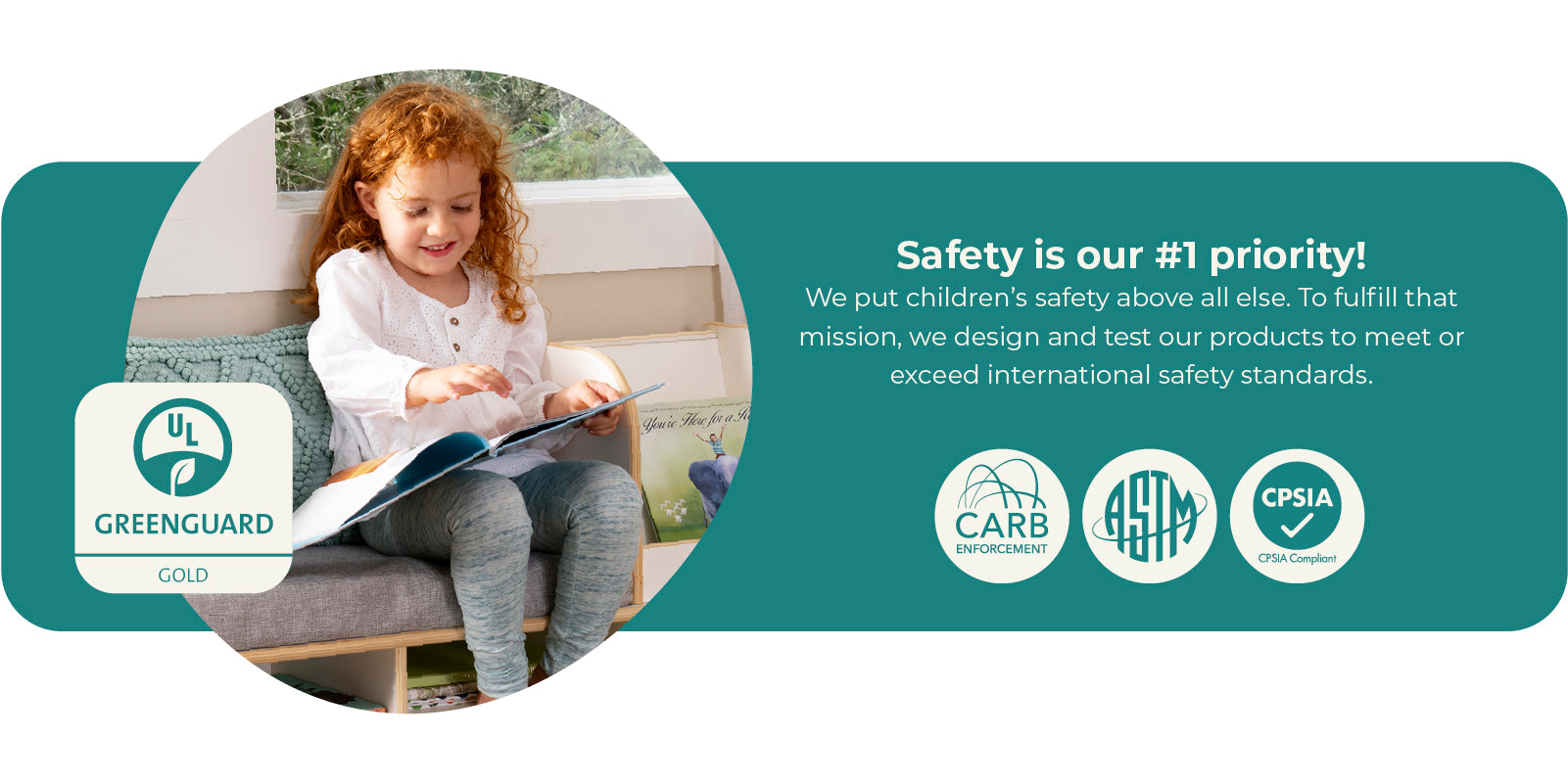 GreenGuard and other safety certifications-young girl sitting on EdQ reading nook, open shelves with bins