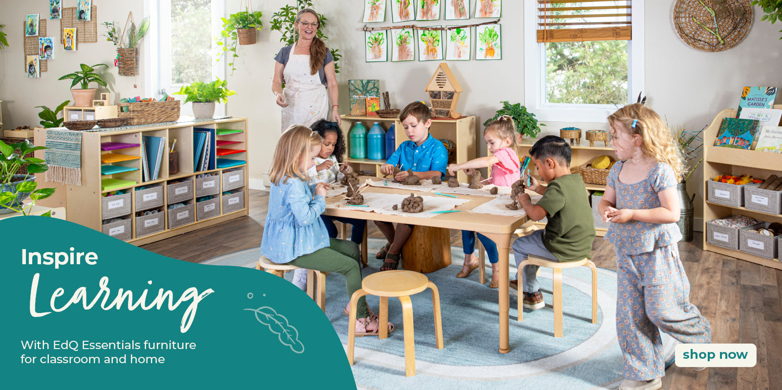 Montessori classroom children sculpting clay - click to view the edq furniture collection