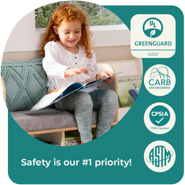 GreenGuard certification banner and information on other certifications, featuring a little girl reading on our montessori reading nook