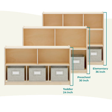 Size comparison of the 24 inch, 30 inch and 36 inch 5 compartment storage shelf