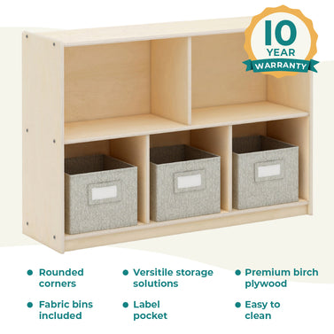 Features of the EdQ 5 Compartment Storage Shelf, fabric bins included, label pocket, premium birch wood, rounded corners