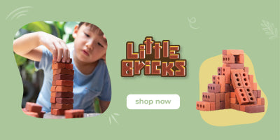 A child stacking colorful toy bricks, with a playful Little Bricks text on a bright green background.