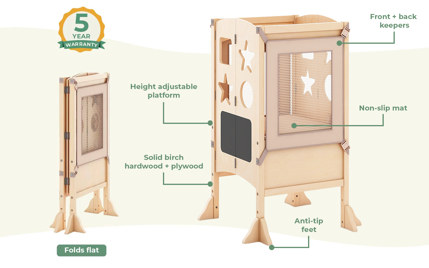 A product diagram showing a wooden pet playpen from multiple angles with callouts and labels, including 'Front + back keepers,' 'Height adjustable platform,' 'Solid birch hardwood + plywood,' 'Non-slip mat,' 'Anti-tip feet,' and 'Folds flat.' A '5 Year Warranty' badge appears in the top left.