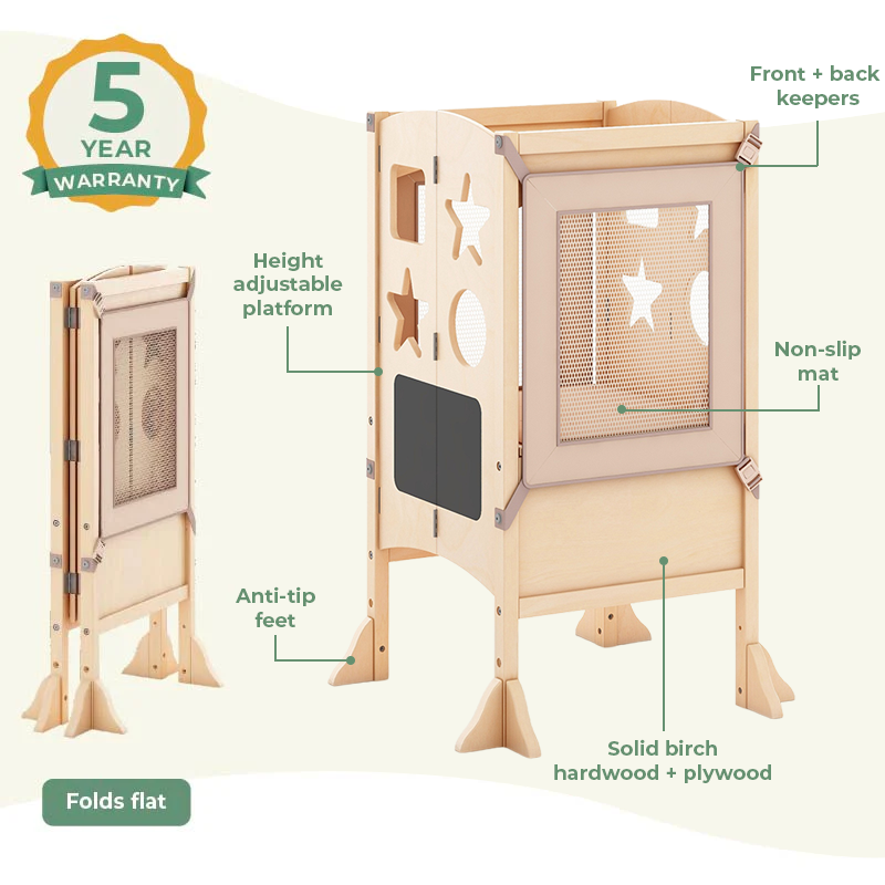 A wooden pet playhouse shown in multiple views with callout labels explaining features such as front and back keepers, height adjustment, non-slip mat, anti-tip feet, and solid birch hardwood + plywood construction. A 5-year warranty badge appears in the top left, and the image includes a green label saying 'Folds flat.