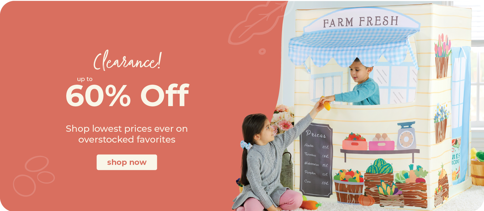 Children's play area with toy grocery store and 'Farm Fresh' sign, alongside clearance sale