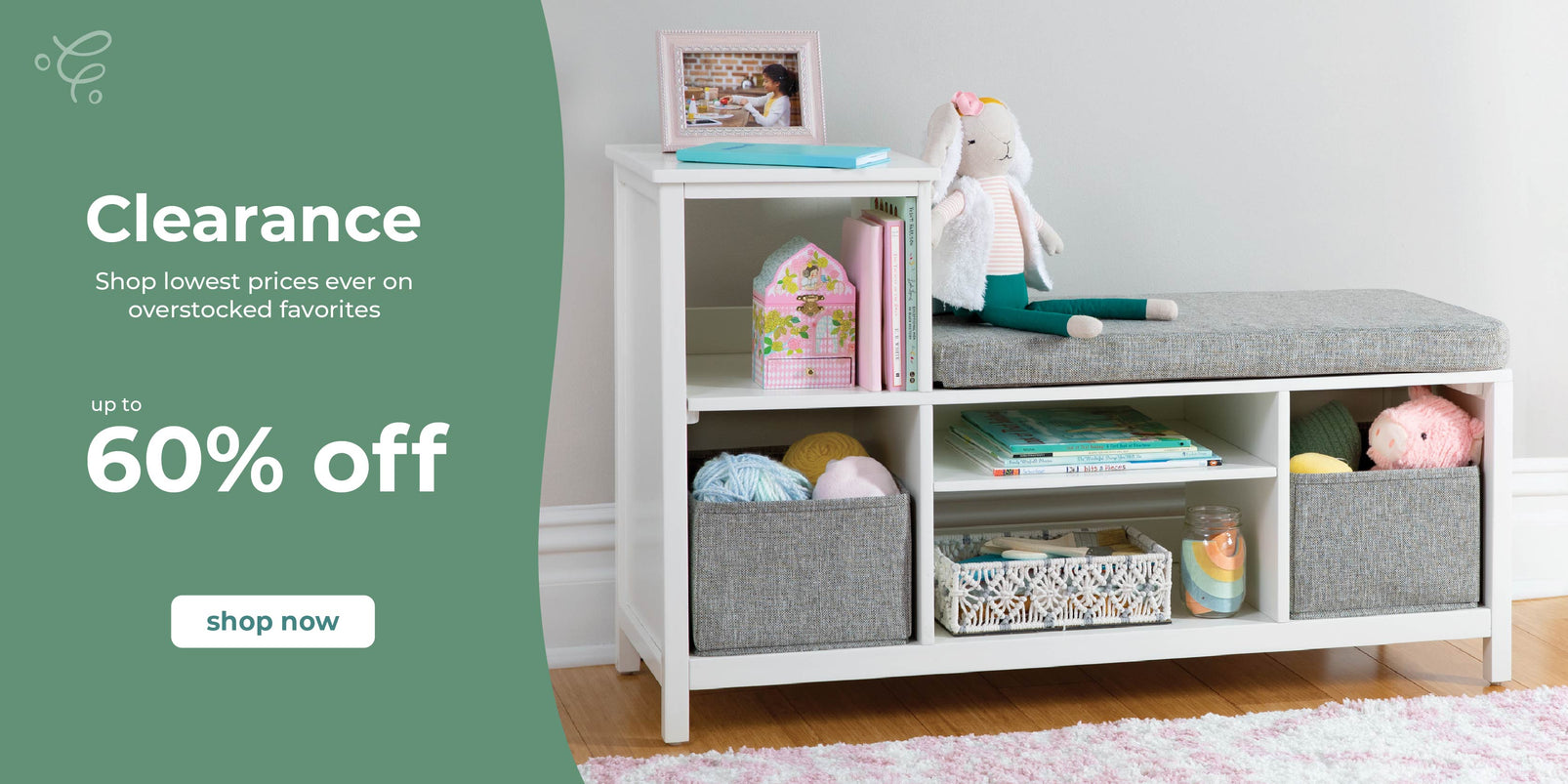 Children's storage shelf with toys and bins, clearance sale banner on the left. Click to shop clearance items.