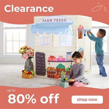 Banner image announcing additional clearance sale savings up to 80% off MSRP. Image features two children playing with a farm market play tent and pretend foods.