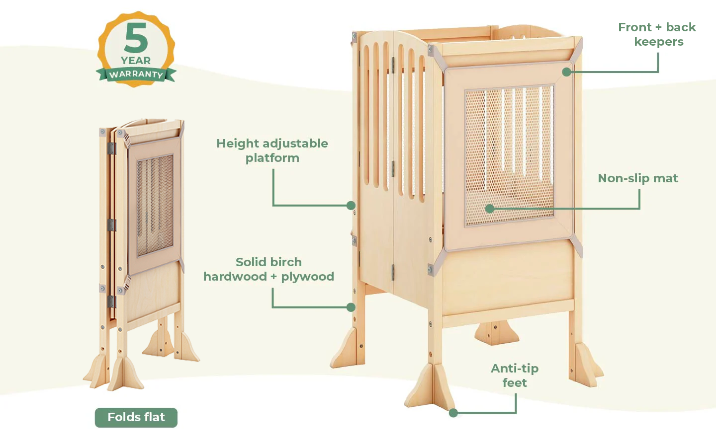 A light natural wood pet gate shown with callout labels explaining features such as height-adjustable platform, solid birch hardwood + plywood construction, non-slip mat, anti-tip feet, front and back keepers, and the ability to fold flat. A 5-year warranty badge appears in the top left.