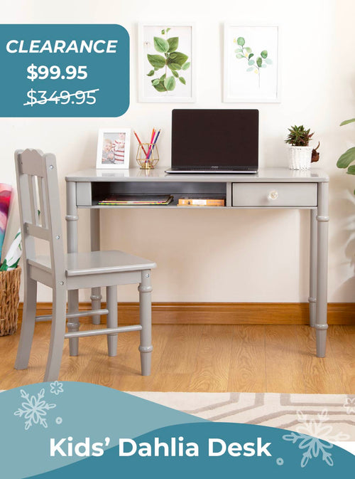 Children's desk with chair in a room setting, featuring clearance pricing.
Regular price $349.95 clearance price $99.95. Click to shop the Dahlia Desk.