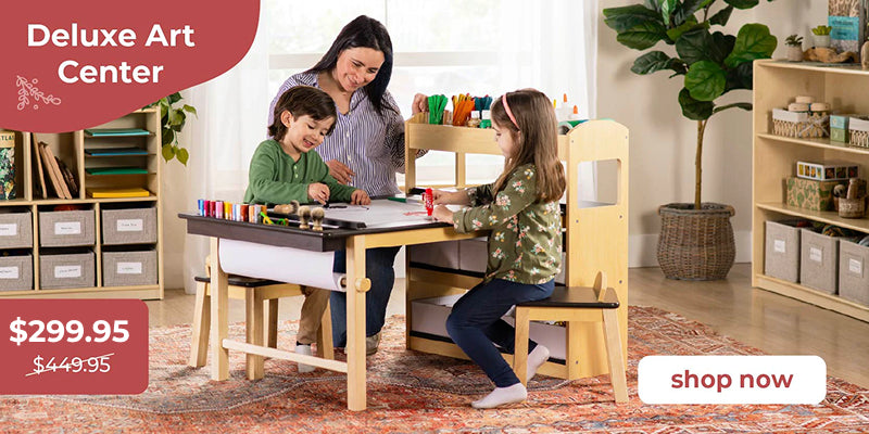 Family using a deluxe art center with a price tag stating  