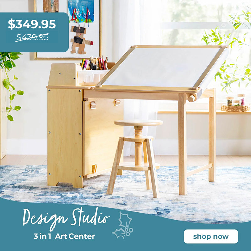 Design Studio 3 in 1 art center with easel, drafting table, and storage drawers