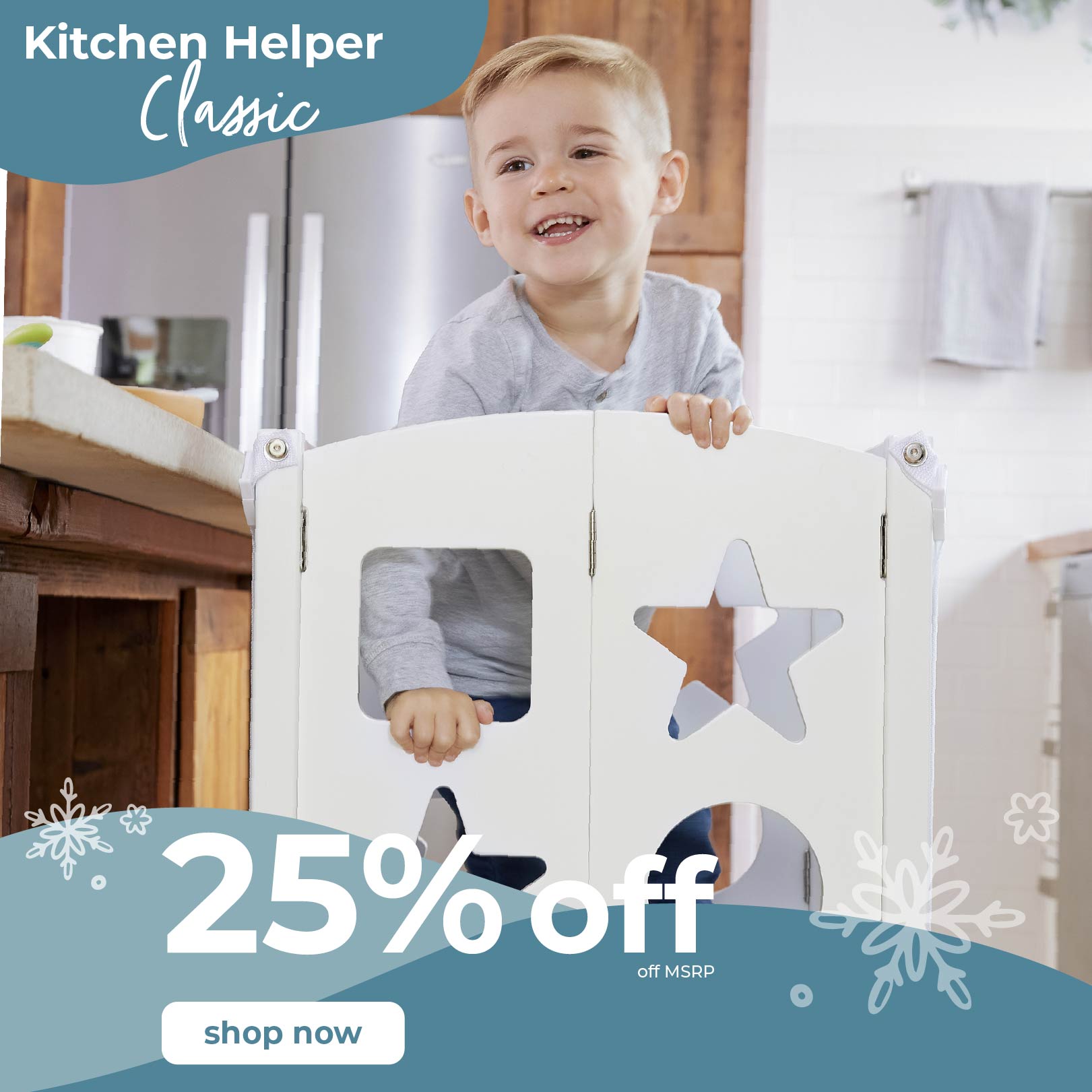 Happy child playing with a kitchen helper toddler tower in a kitchen setting, with promotional text overlay. Click to shop the Kitchen Helper Classic.
