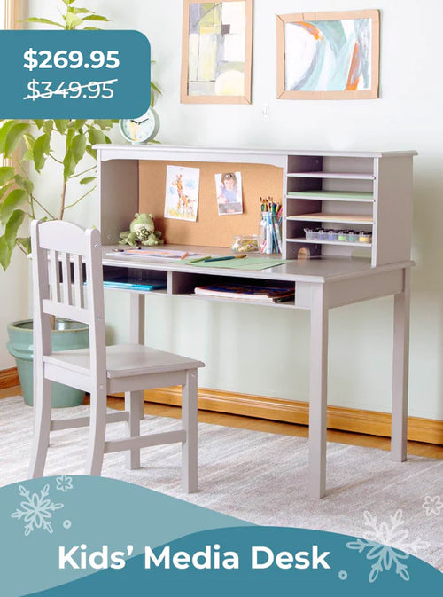 Children's media desk with chair in a room setting, price displayed. Click to shop the Media Desk.