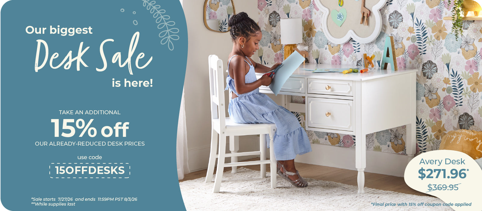 A promotional sale banner for the Avery Desk, showing a young girl sitting on a white wooden chair and reading at a white desk in a decorated room. The left side features a large teal-blue panel with text advertising a 'Desk Sale' and '15% off'.