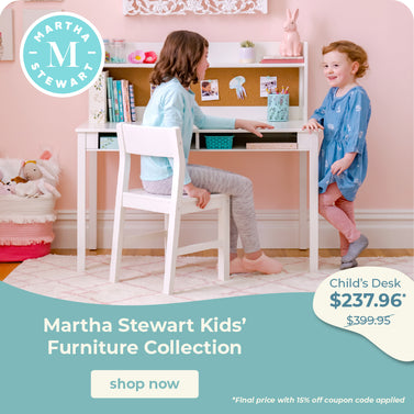 A children's bedroom scene showing two kids using a white desk and chair in a pink room, with a large teal Martha Stewart Kids' Furniture Collection promotional banner at the bottom and product pricing text on the right.