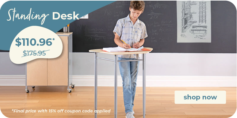 A standing desk with a light wood top and silver metal legs, shown in a classroom-like setting with a child standing behind it. The image includes promotional text reading 'Standing Desk', a price of $110.