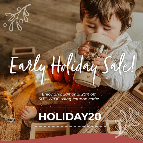 Child playing with a toy in a wicker basket, surrounded by holiday decorations, with text overlay for an early holiday sale.