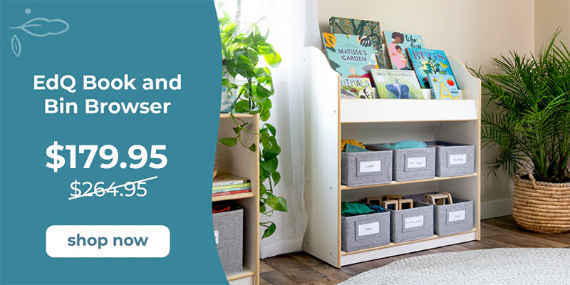 Bookshelf with books and storage bins, promotional text for EdQ Book and Bin Browser on a teal background.