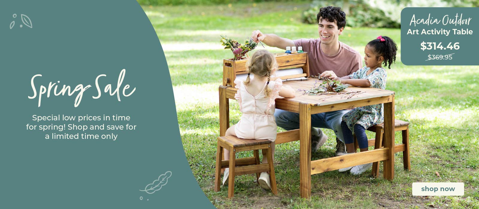 Adult with 2 children at a wooden Acadia Click to shop the art activity table at $314.46 down from $369.95.