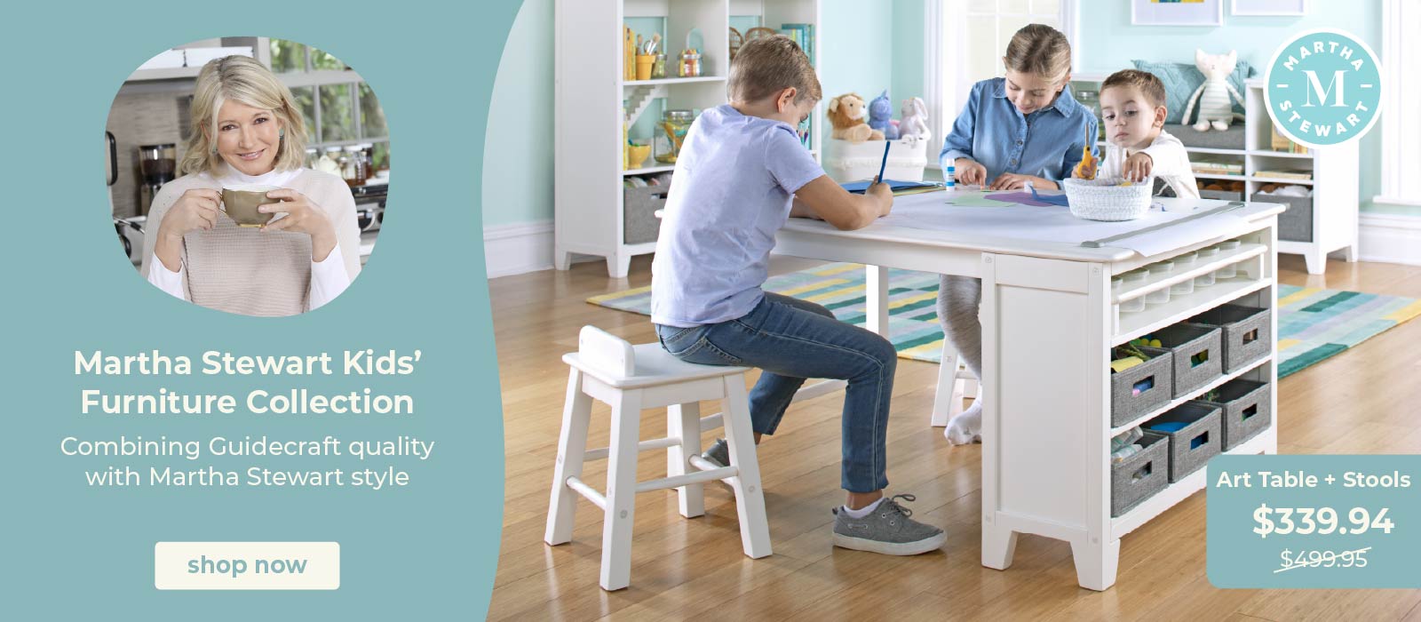 Children using a Martha Stewart Kids' Furniture Collection art table with stools in a home setting. Click to shop the collection.