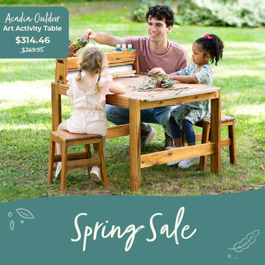 Adult with 2 children at a wooden Acadia Click to shop the art activity table at $314.46 down from $369.95.