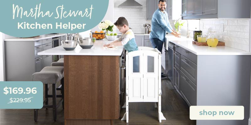 Advertisement for Martha Stewart Kitchen Helper with a family in a kitchen setting. Click to shop at $169.96 down from $229.95