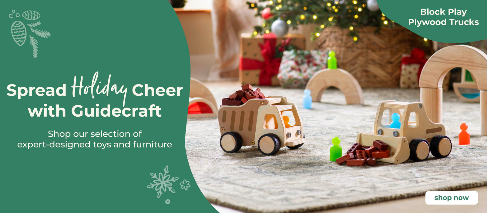 Wooden toys on the floor with a festive background, featuring Guidercraft branding. Click to shop block play and plywood trucks.