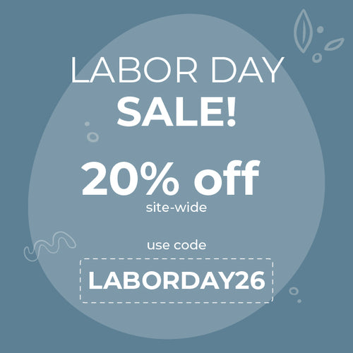 Promotional graphic for a Labor Day sale with large white text reading 'LABOR DAY SALE! 20% off site-wide' and 'use code LABORDAY26' on a muted blue background with subtle decorative doodles.