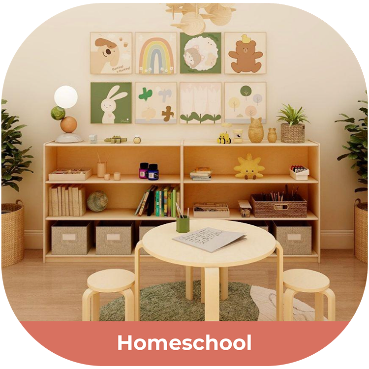 Children's homeschool setup with wooden shelves, nordic style birch plywood table, and warm, complimentary decor.