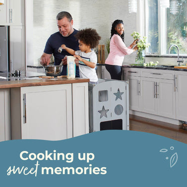 Family in a modern kitchen with text 'Cooking up sweet memories', 'Kitchens were made for this'.