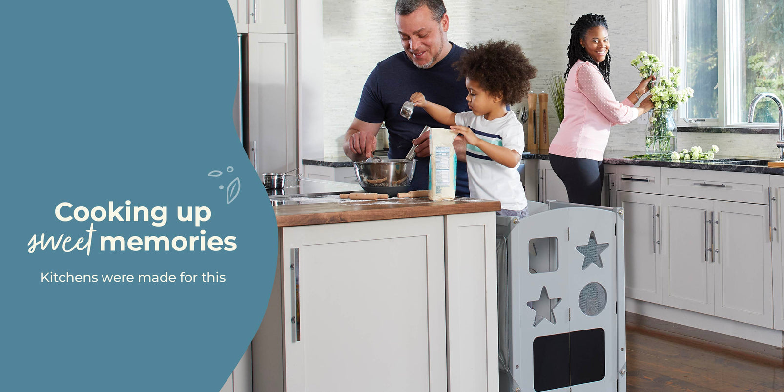 Family in a modern kitchen with text 'Cooking up sweet memories', 'Kitchens were made for this'.