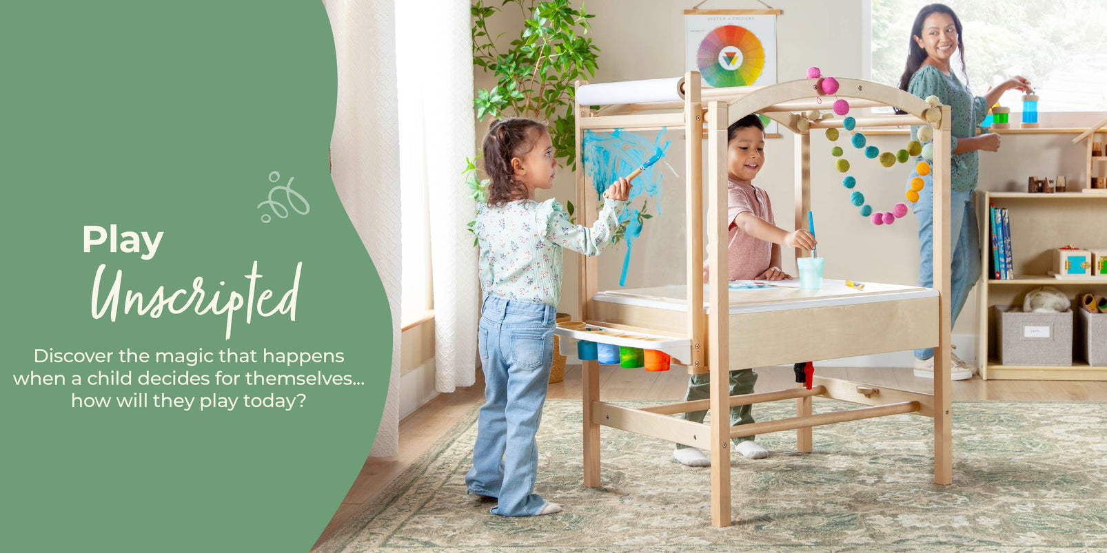 Children playing at a Sensory System table with a green sidebar and text about children's play.