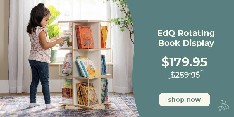 Child interacting with an EdQ Rotating Book Display in a home setting. Click to shop the EdQ Rotating Book Display for $179.95 from $259.95
