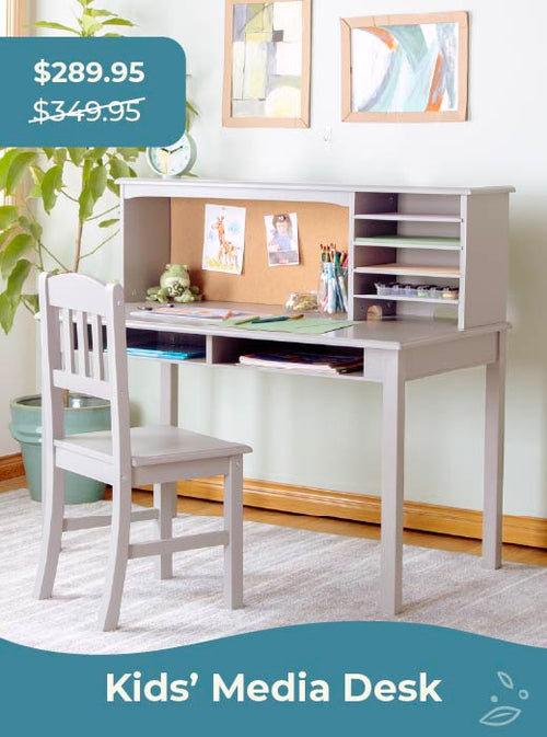 Children's media desk with chair in a room setting, click to shop the desk at $289.95 down from $349.95