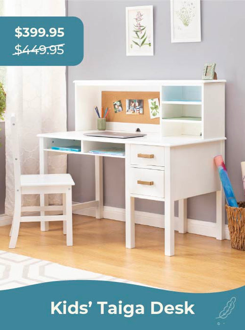 White kids' Taiga desk with chair in a room setting, click to shop at $399.95 down from $449.95